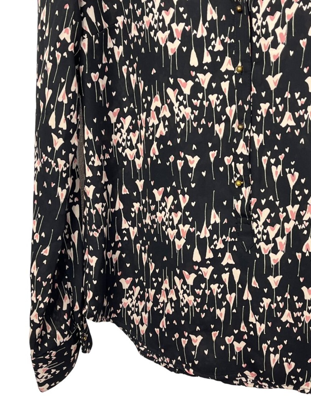 LC Lauren Conrad Womens XS Black Pink Floral Roll Tab Sleeve Blouse - Picture 9 of 12